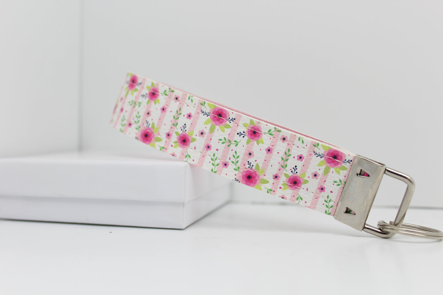 Pretty In Pink Floral Stripe Two Layer Key Fob  Ready To Ship