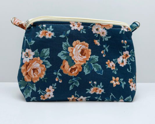 Teal Floral Small Zippered Bag w. Pocket - Ready To Ship